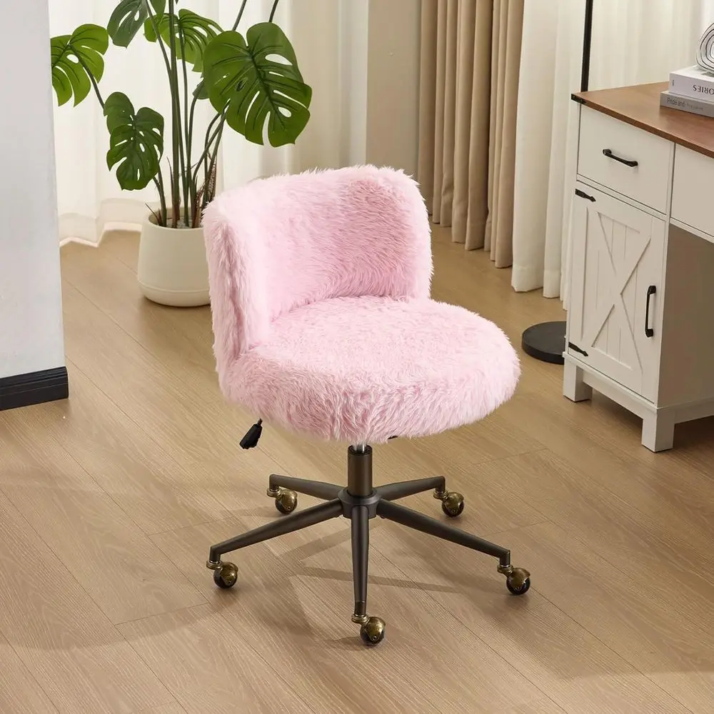 Plush Curved Back Vanity Desk Chair with Adjustable Height, 90-102° Swivel, Bronze Base, Light Pink Makeup & Home Office Chair