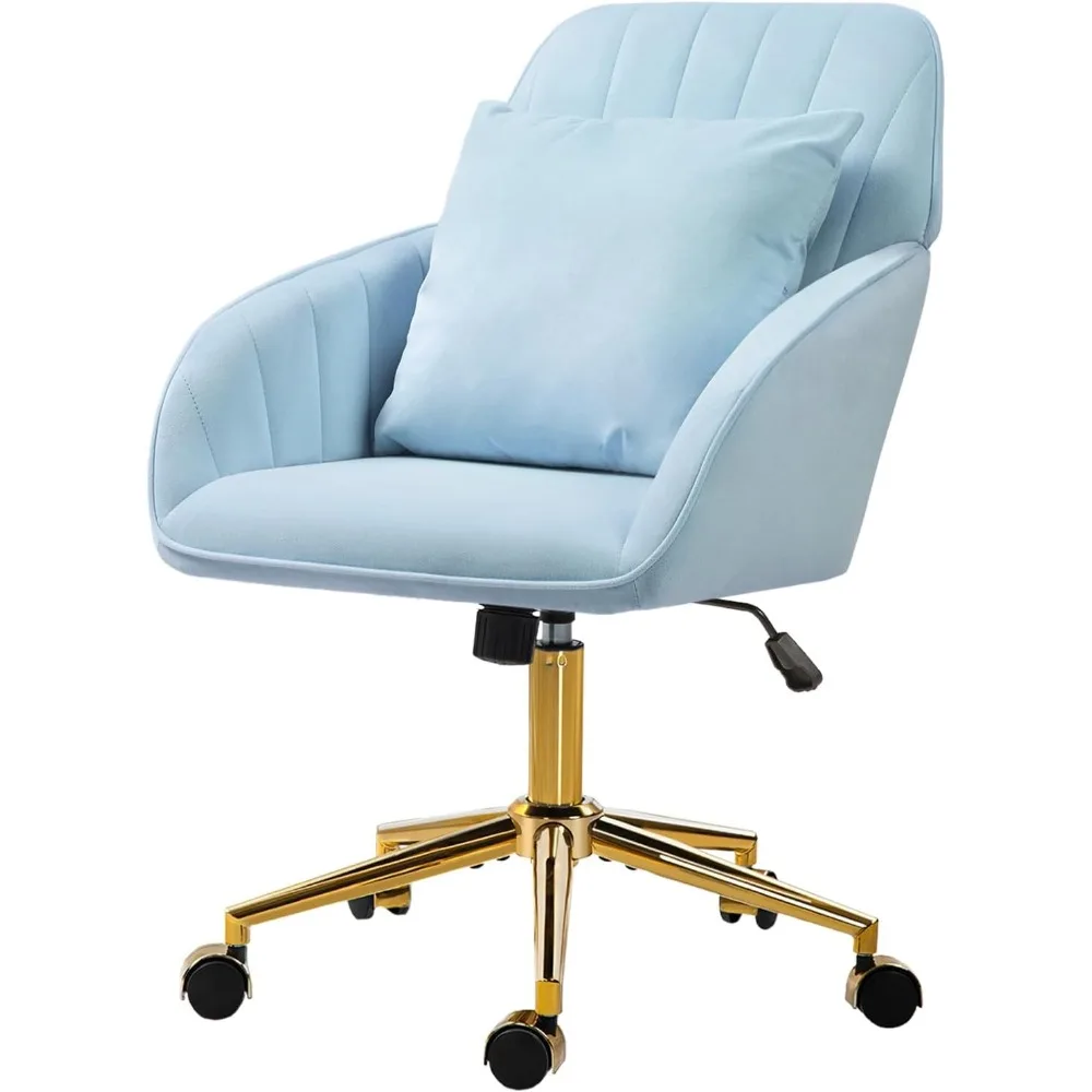home office desk chair comfy with adjustable swivel wheels, modern velvet makeup vanity chair with back & pillow, ergonomic offi
