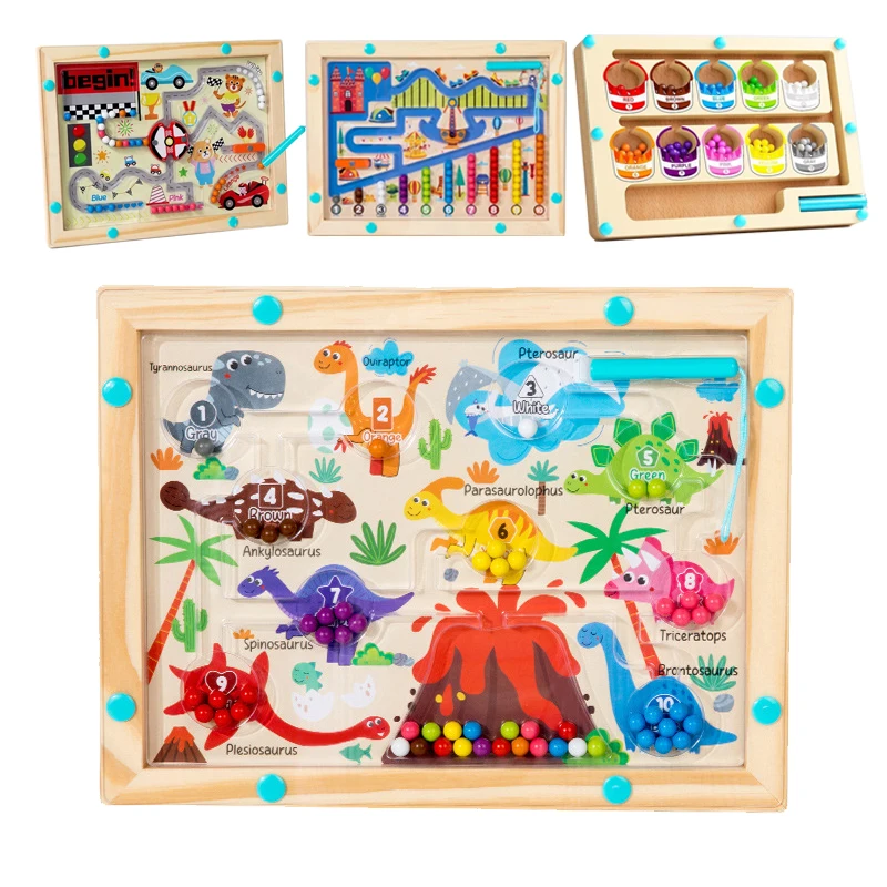 Montessori Magnetic Color Sorting Games Maze Board Pen Moving Bead Games Wooden Control Sensory Play Educational Toys for Kids