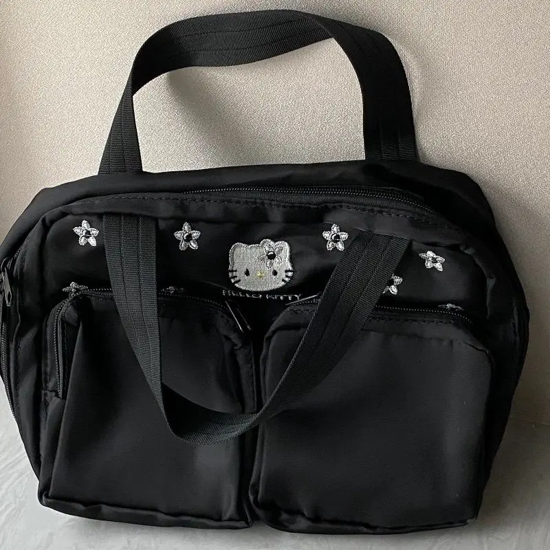 Hello Kitty Handbag Black Embroidered Hangbags Casual Layered Portable Wash Bags Y2k Large Capacity Tote Makeup Bags
