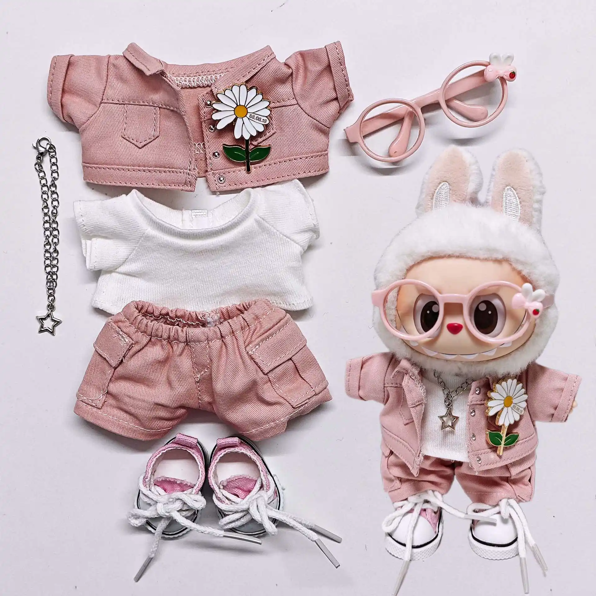 Labubu Pink Denim Jacket Outfit, Hip Hop Fashion Style Costume Fit for 1st 2nd 3rd Gen Labubu Doll (No Doll Included)