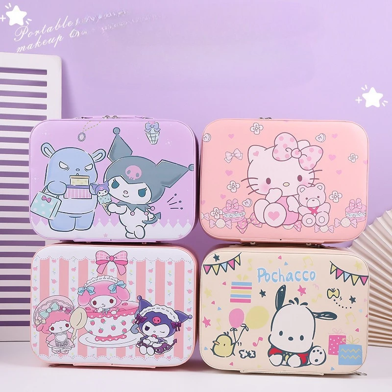 Sanrio Large Capacity Cartoon Hello Kitty Makeup Bag with Big Mirror Kuromi Cinnamoroll Storage Pouch Girls PU Cosmetic Cases