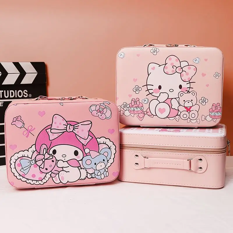 Sanrio Hello Kitty Cosmetic Bag Large Capacity Travel Toiletry Organizer Women Storage Box PU Leather Portable Makeup Suitcase