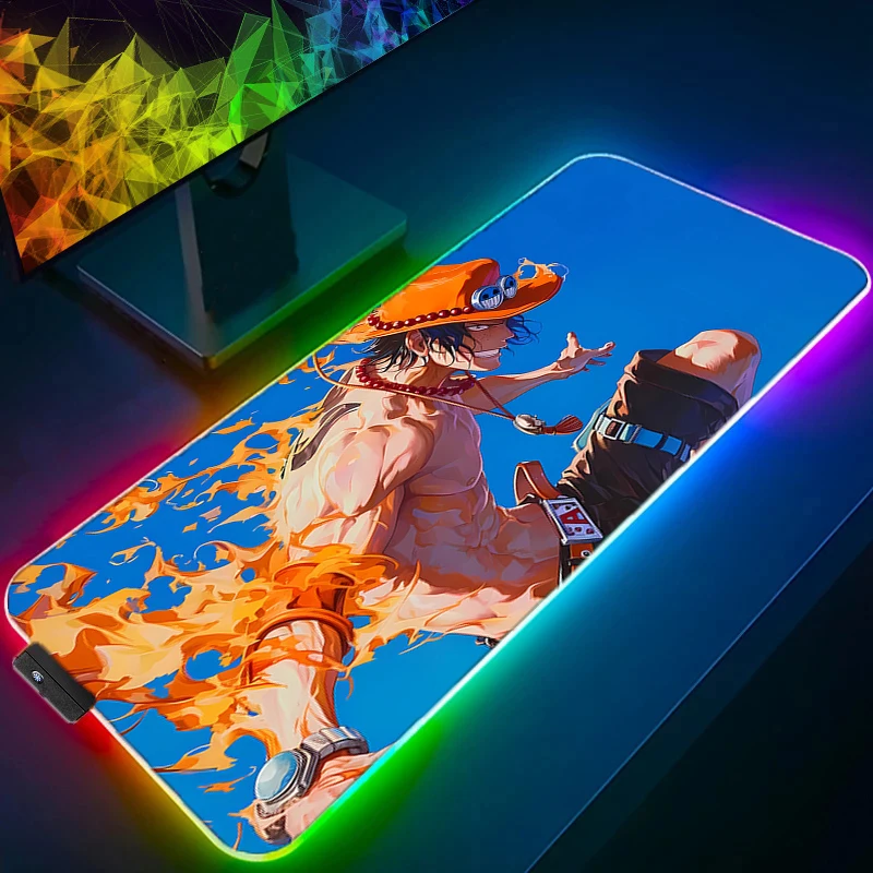 RGB LED Mouse Pad Laptop One Piece Portgas·D· Ace Keyboard Pad Non-Slip Anime Tablet Pad PC Accessories Mousepad Gaming Desk Mat