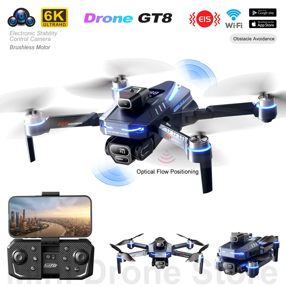 GT8 Mini Drone 4k WIFI FPV Easy Fly RC Helicopter Brushless ESC Lens Optical Flow Obstacle Avoidance Quadcopter With Dual Camera