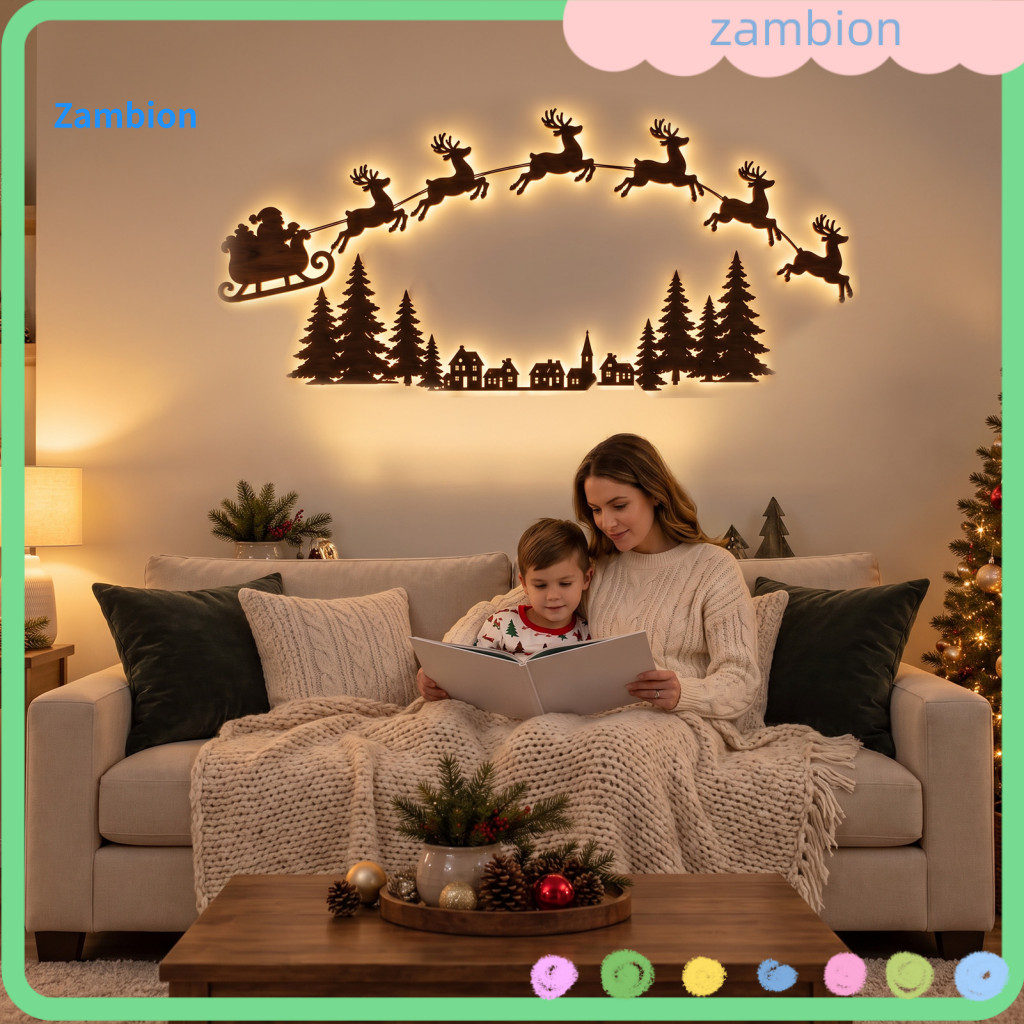 Warm White Backlight Lamp Wireless Christmas Wall Decor Led Wooden Santa Sleigh Reindeer with Remote – Backlit Light P