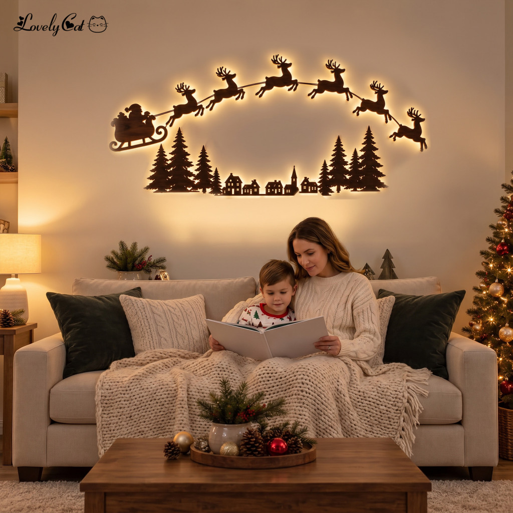 Battery Operated Wall Sconce Wireless Christmas Decor Led Wooden Santa Sleigh Reindeer with Remote – Warm Backlit Ligh