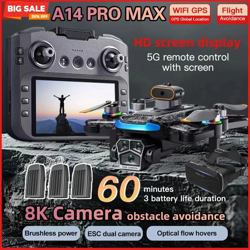 VEVLO 2026 A14 Pro Max GPS Drone 8K HD Three Cameras Optical Flow Obstacle Avoidance Brushless Foldable RC Quadcopter Toy VR