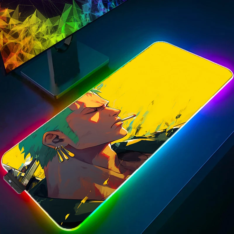 One Piece Zoro RGB LED Mouse Pad Office Desk Mat Computer Game Mousepad Rubber Keyboard Pad PC Accessories Mouse Mat Tablet Pad