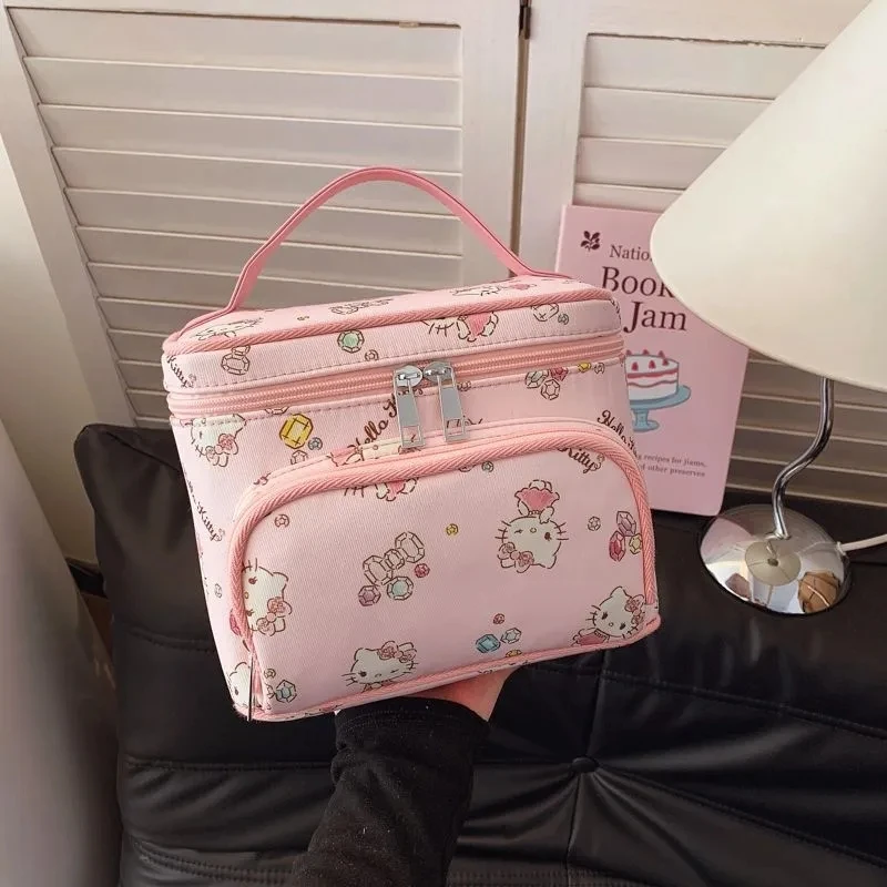 Hello Kitty Large Capacity Tote New Bag Pink Cute Print Design Portable Travel Organizer for Cosmetics Toiletries Makeup Storage