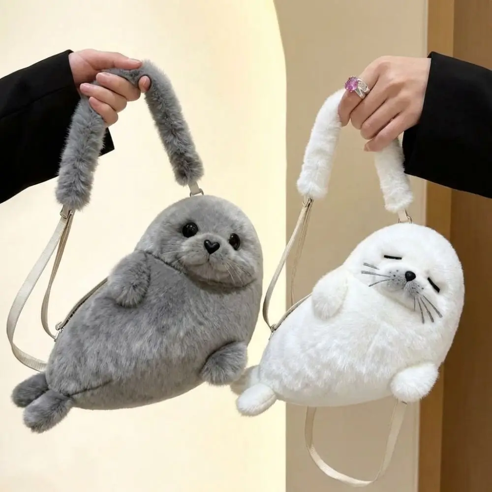 Soft Fluffy Cute Seal Shoulder Bag Lightweight Adjustable Straps Crossbody Bag Cartoon Plush Fabric Phone Bag