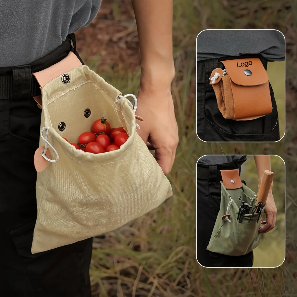 Outdoor Foraging Bag Garden Fruit Picking Waist Tools Foldable Leather Canvas Storage Bags Bushcraft Bag Hanging Pouch Camping
