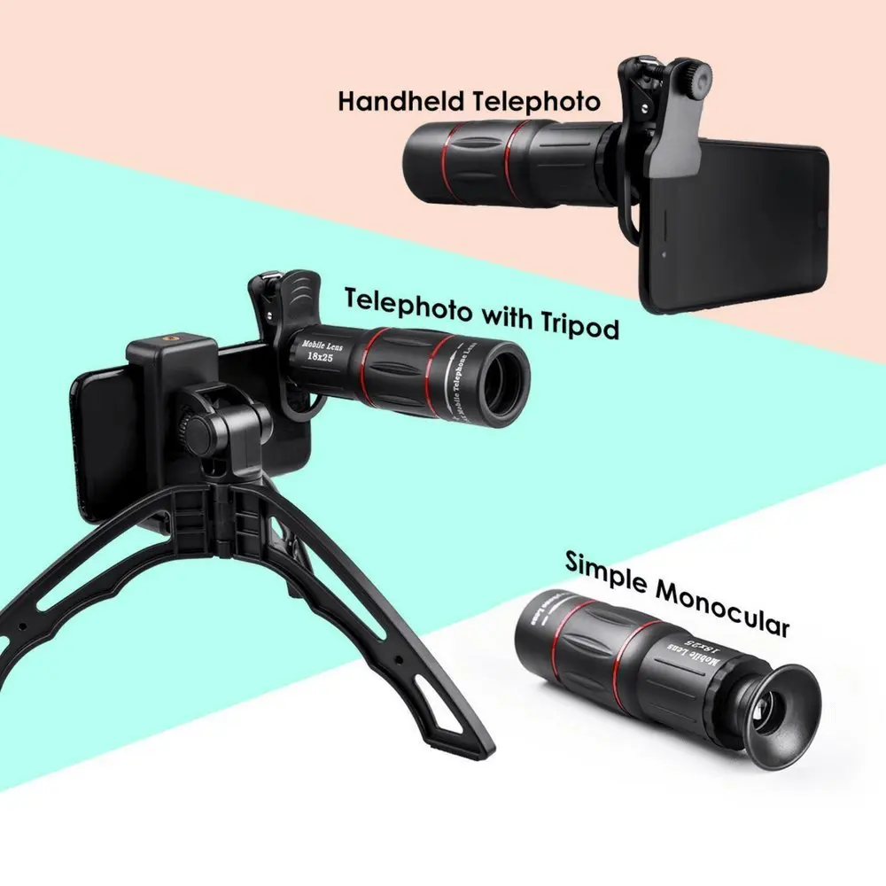 APEXEL Telescope Zoom Lens Optic 18x25 Monocular + Mini Selfie Tripod for IPhone Samsung Other Smartphones Travel Hunting Sports