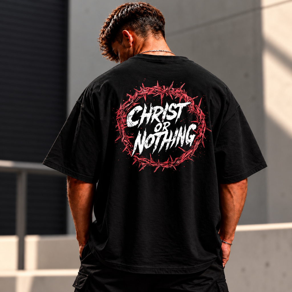 Camiseta Oversized Cristã Christ or Nothing Jesus Coroa de Espinhos Malha Grossa Streetwear Gospel