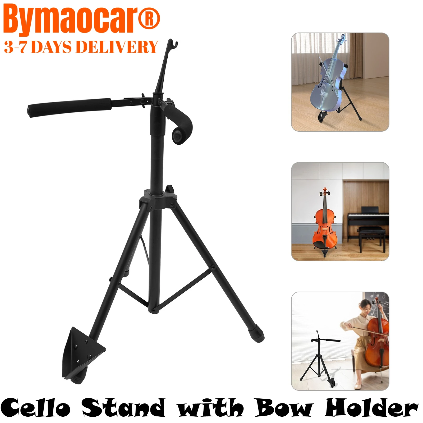 Folding Cello Stand Adjustable Height-Bow Holder Compact Fold, Foldable Tripod Stand with Hook,for String Bass/Acoustic Guitars