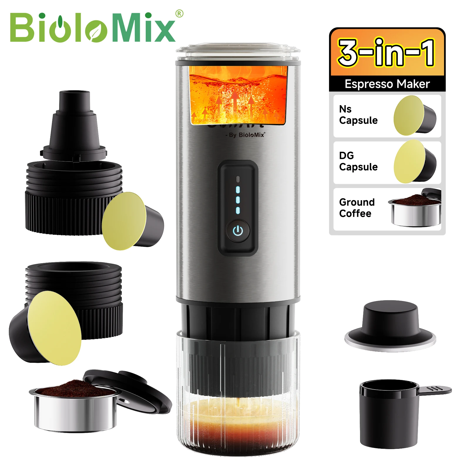 BioloMix-Portable Coffee Machine, 3-in-1 Travel Espresso Maker for Nespresso, Dolce Pods and Coffee Powder, USB, 12V