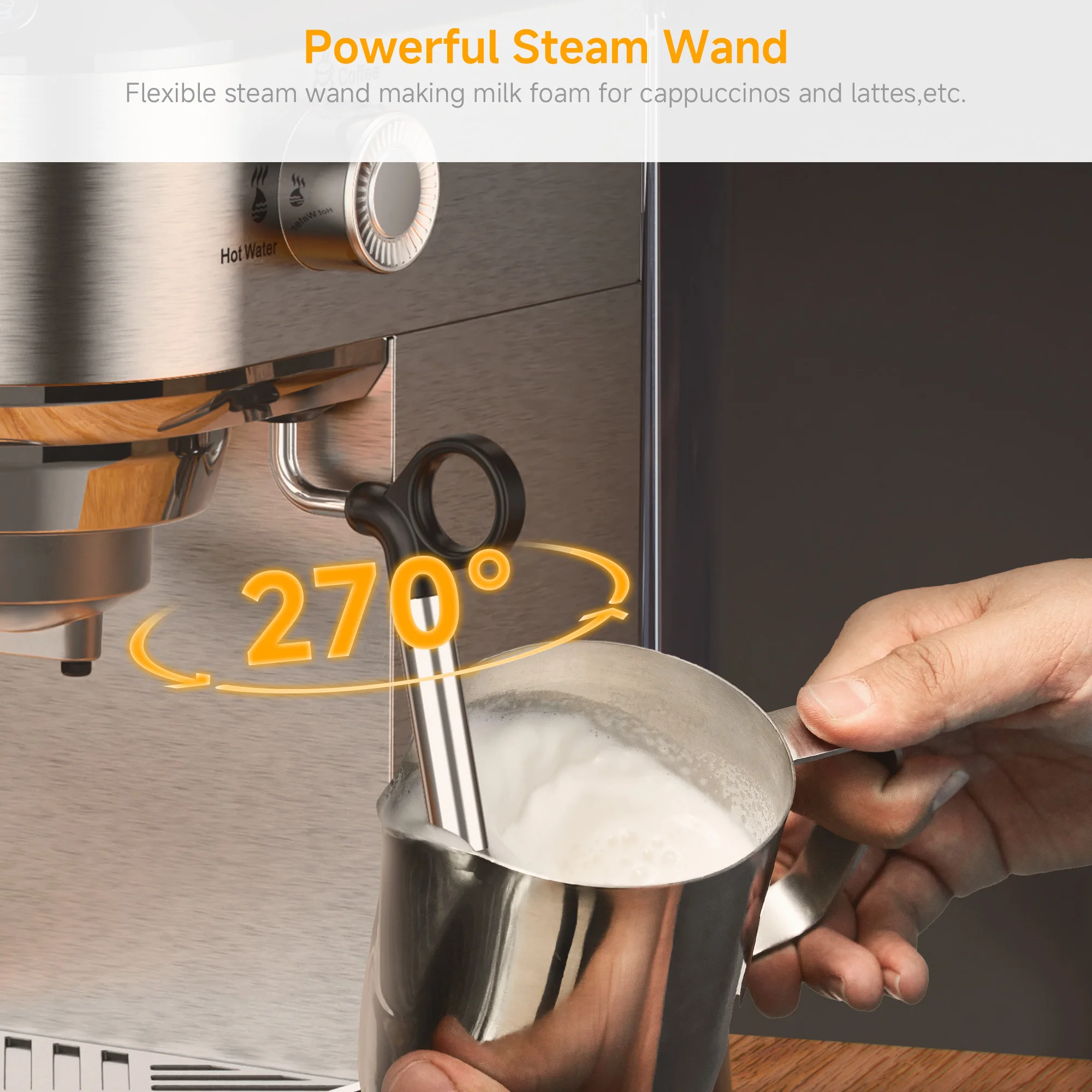 BioloMix Stainless Steel 20 Bar Semi Automatic Powder Coffee Machine,with Milk Steam Frother Wand, for Espresso, Cappuccino