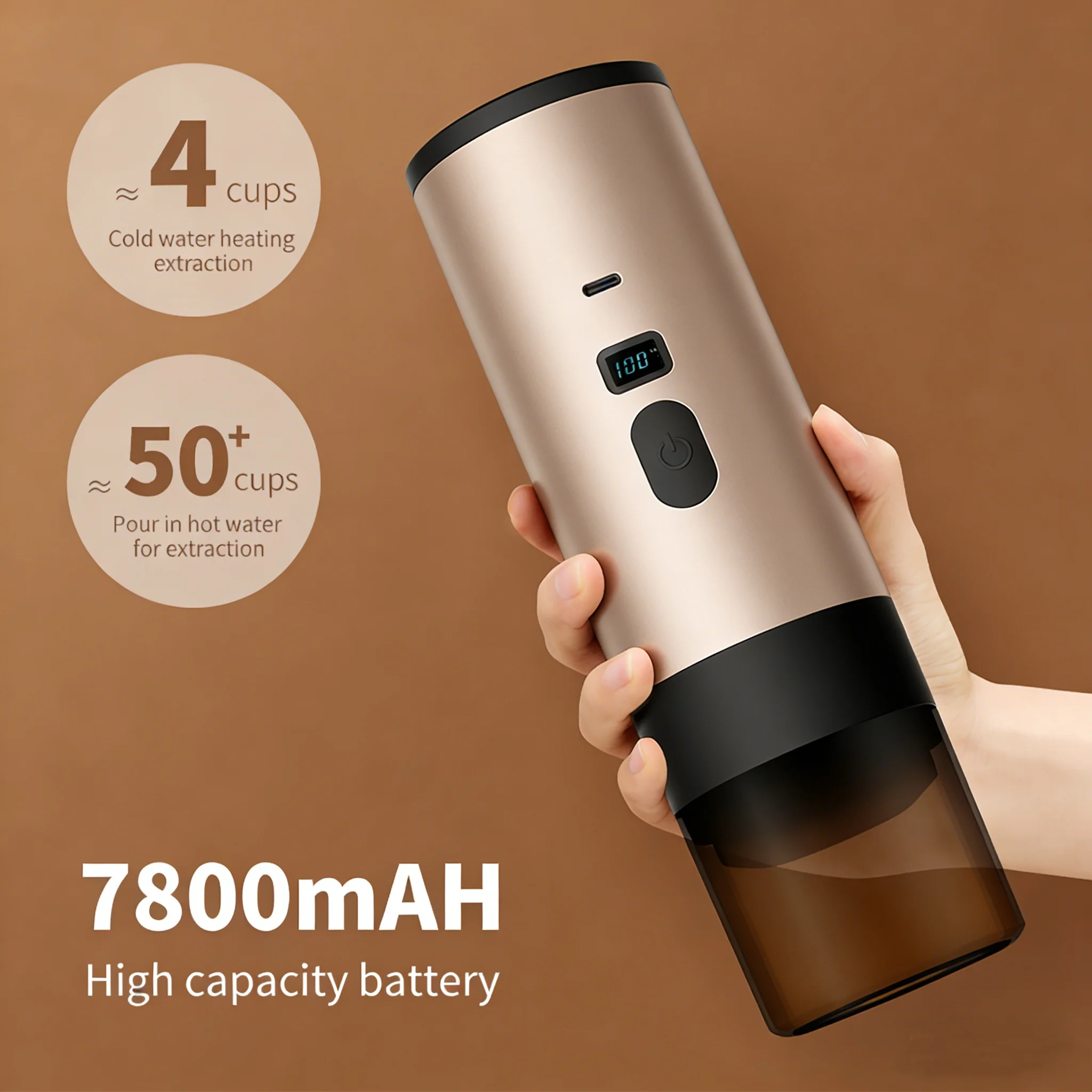3-in-1 Champag Portable Capsule Coffee Maker 15Bar High Pressure USB Rechargeable for Powder & Capsules– Home Car Travel Outdoo
