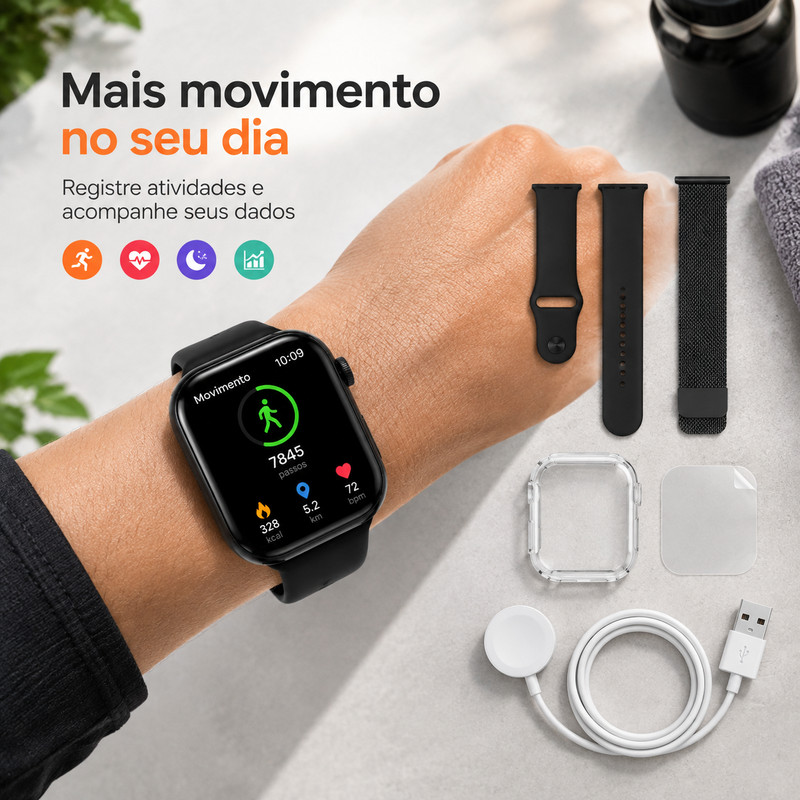 [OneEscolha] Opções: [7 modelos de pulseiras+] Conjunto de smartwatch, registro de atividades esportivas, iOS & Android,