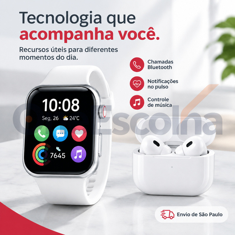 [OneEscolha] Kit opcional: Relógio Inteligente + Fones de Ouvido, Alta Qualidade, iOS & Android, Estilo Casual