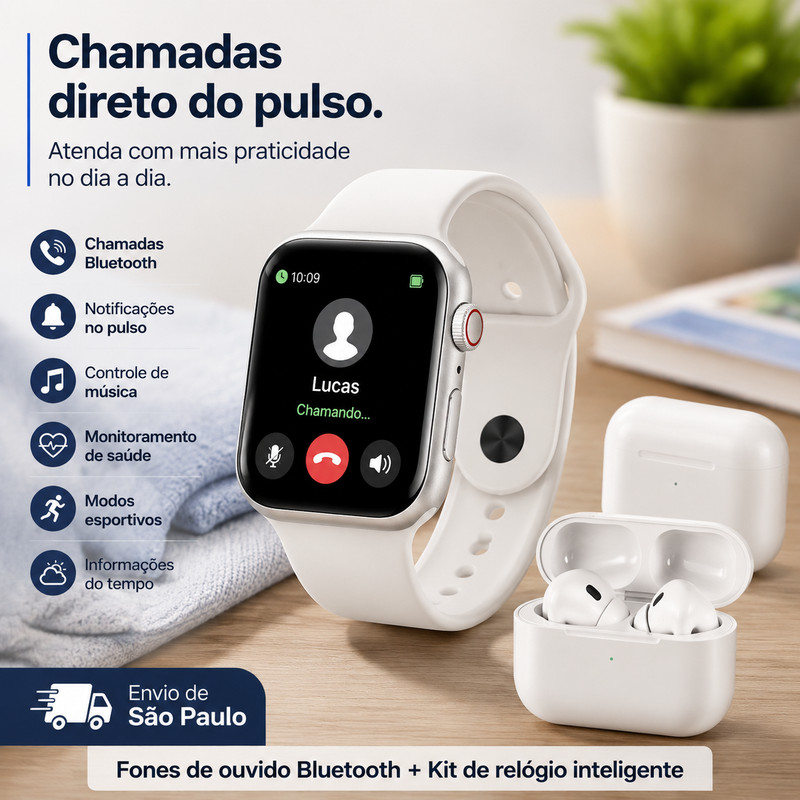 Opções: smartwatch com conjunto de auriculares, controlo de música, compatível com iOS e Android, LZCV de alta qualidade