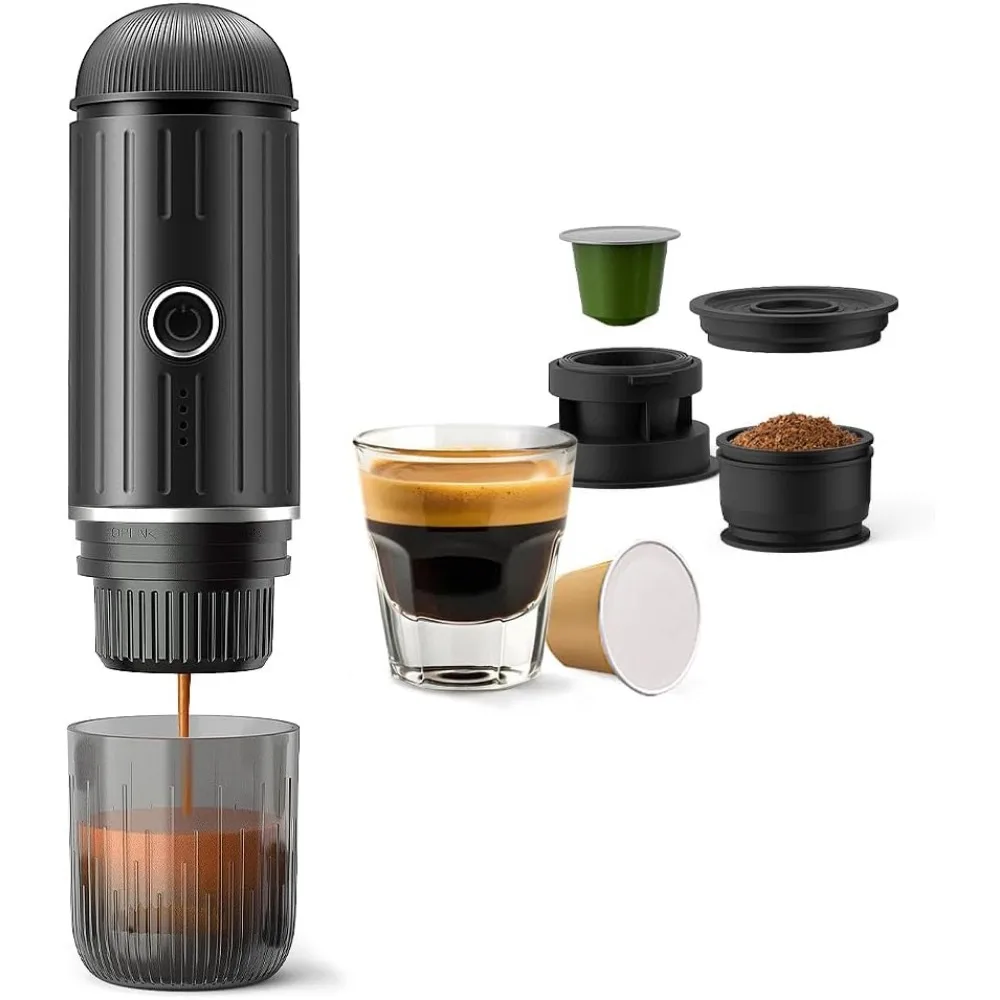 Portable 19-bar self-heating espresso maker, USB-C rechargeable, mini travel machine for ground & capsule coffee