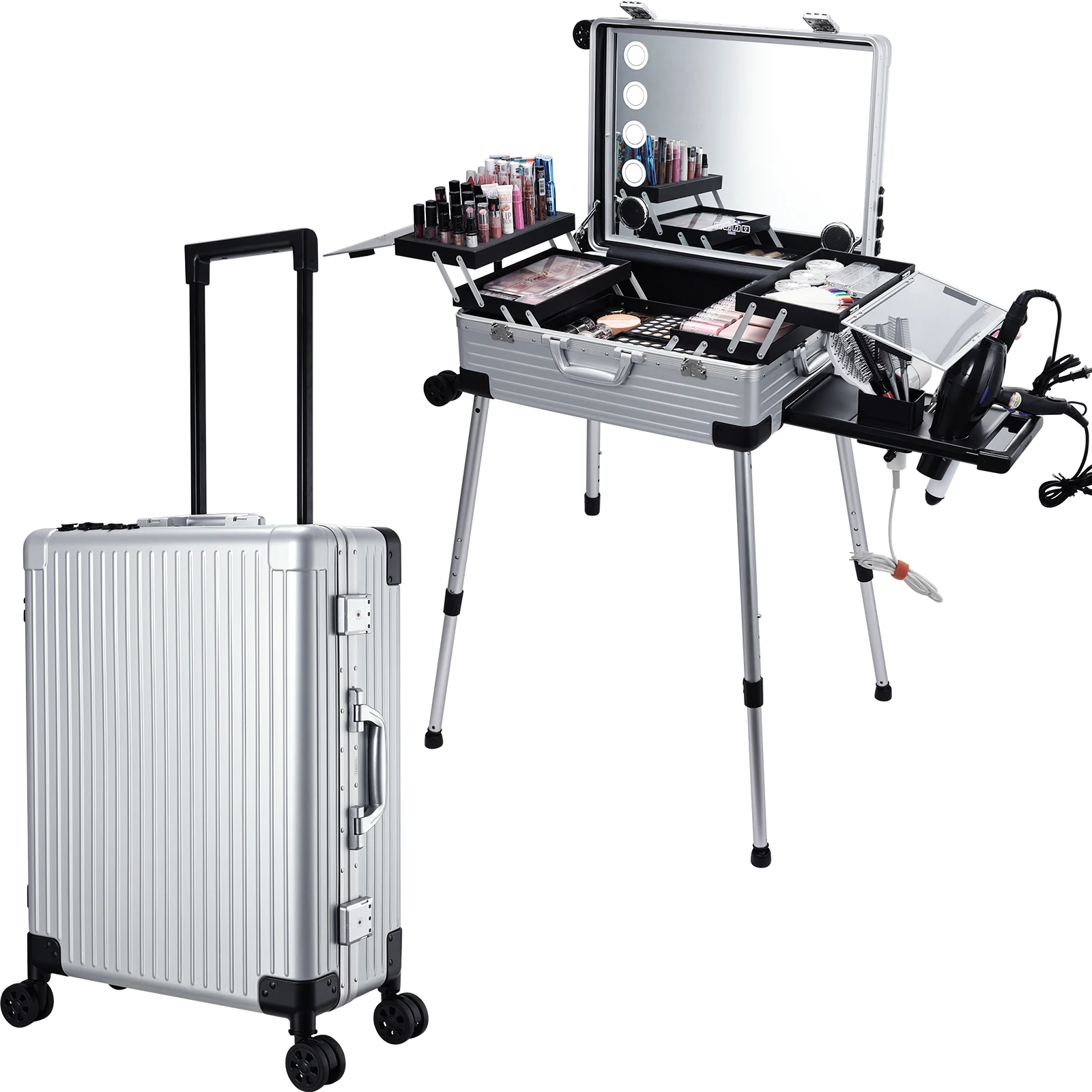 24'' Full Screen Makeup Box with Lighted Mirror Bluetooth Speaker Rolling Makeup Case Trolley Aluminum Barber Hair Salon Station
