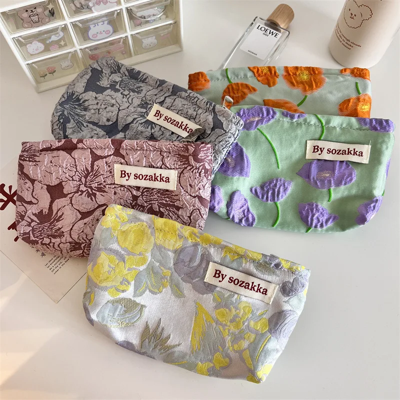 French Embossed Flowers Travel Cosmetic Storage Bag Wallet Cute Women Makeup Kits Handbags Phone Pencil Case Organizer Pouch Bag