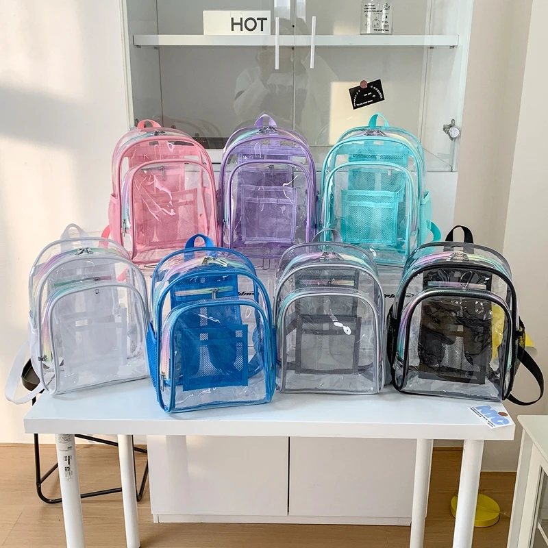 PVC Transparent Zipper Large Capacity Backpack Hot Sale Students Versatile Bags for Women Fashionable Sewing Thread School Bags