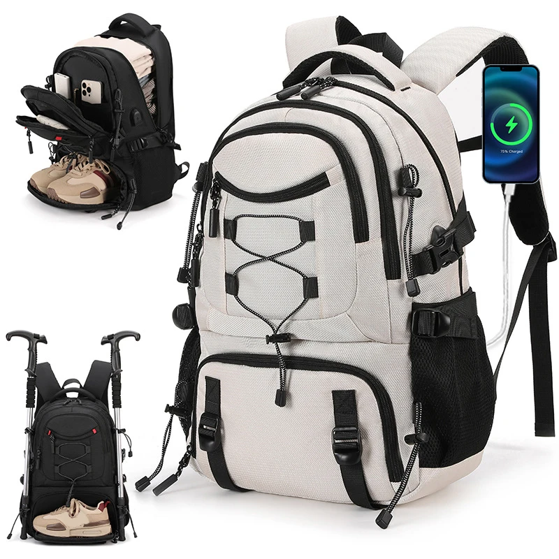 USB Climbing Backpack Travel Laptop Lightweight Rucksack with Shoes Pack Outdoor Camping Hiking Knapsack Sports Gym Schoolbag