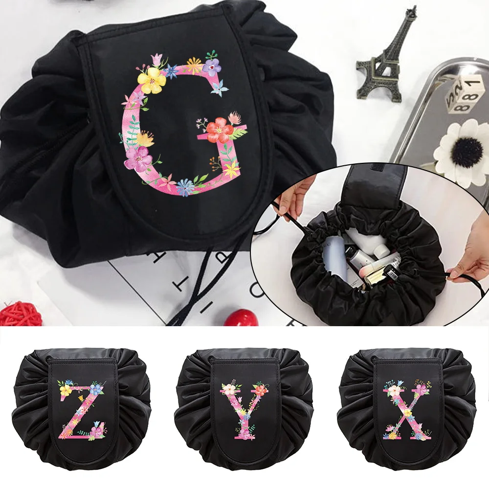 Fashion Pink Letter Print Unisex Portable Lazy Storage Cosmetic Bag Drawstring Magic Makeup Pouch  Foldable Travel Toiletry Bag