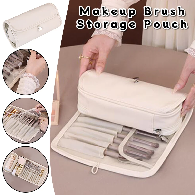 Foldable Makeup Bag Pu Leather Travel Cosmetic Organizer with Brush & Tool Compartments Gift for Women / Teens