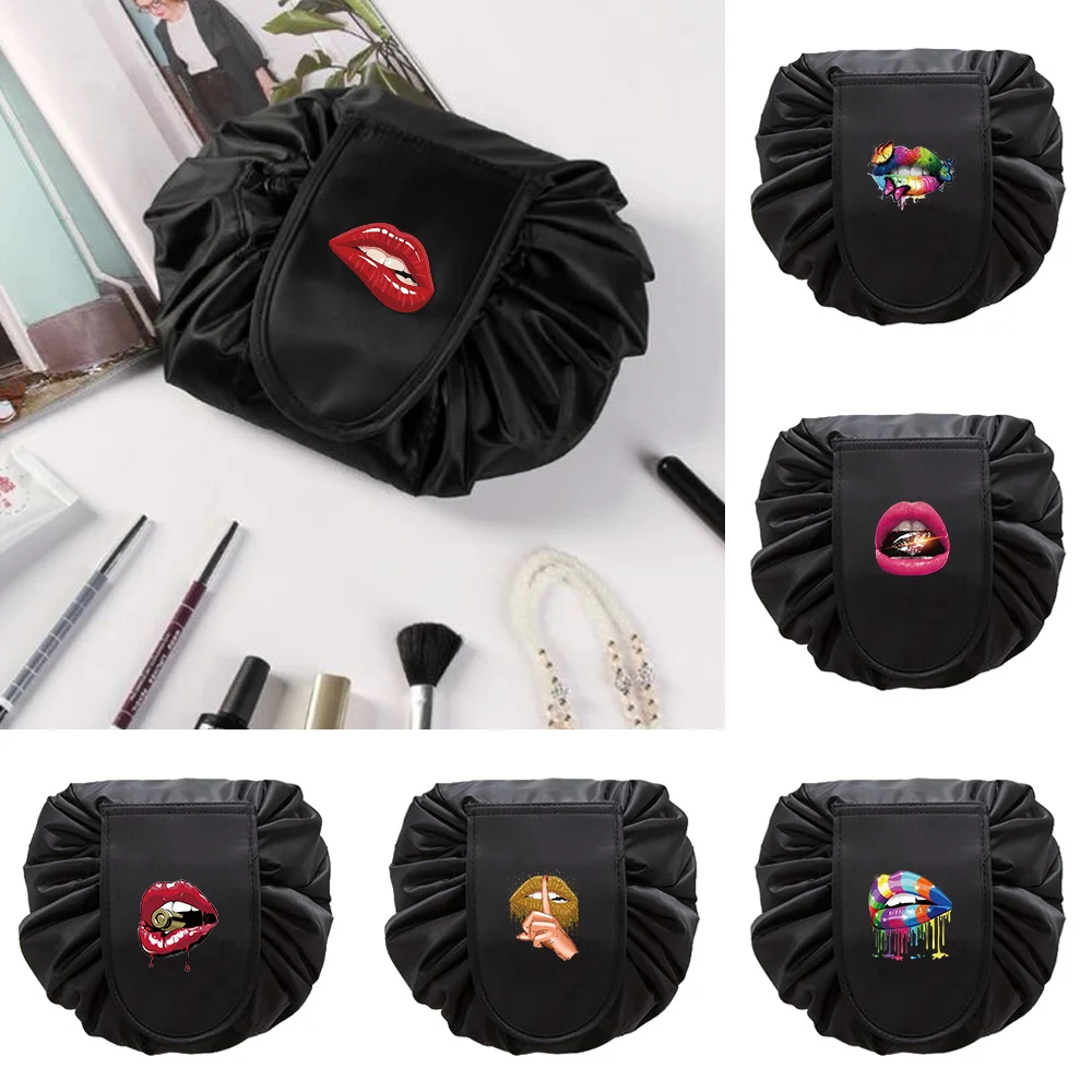 Drawstring Cosmetic Bag Travel Makeup Bag New Mouth Print Organizer Lazy Make Up Case Storage Pouch Toiletry Beauty Kit Foldable