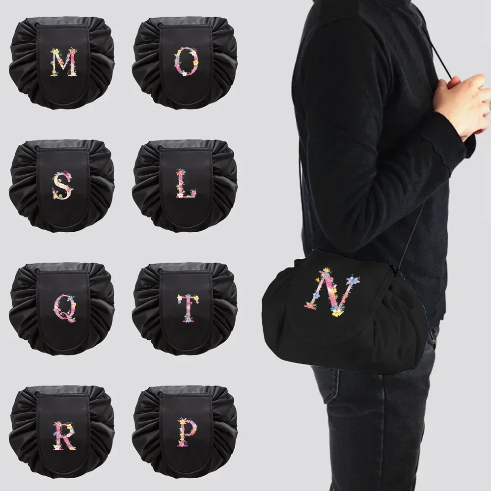 Unisex Portable Lazy Storage Cosmetic Bag Drawstring Magic Makeup Fashion Pink Letter Print Foldable Travel Toiletry Pouch Bag