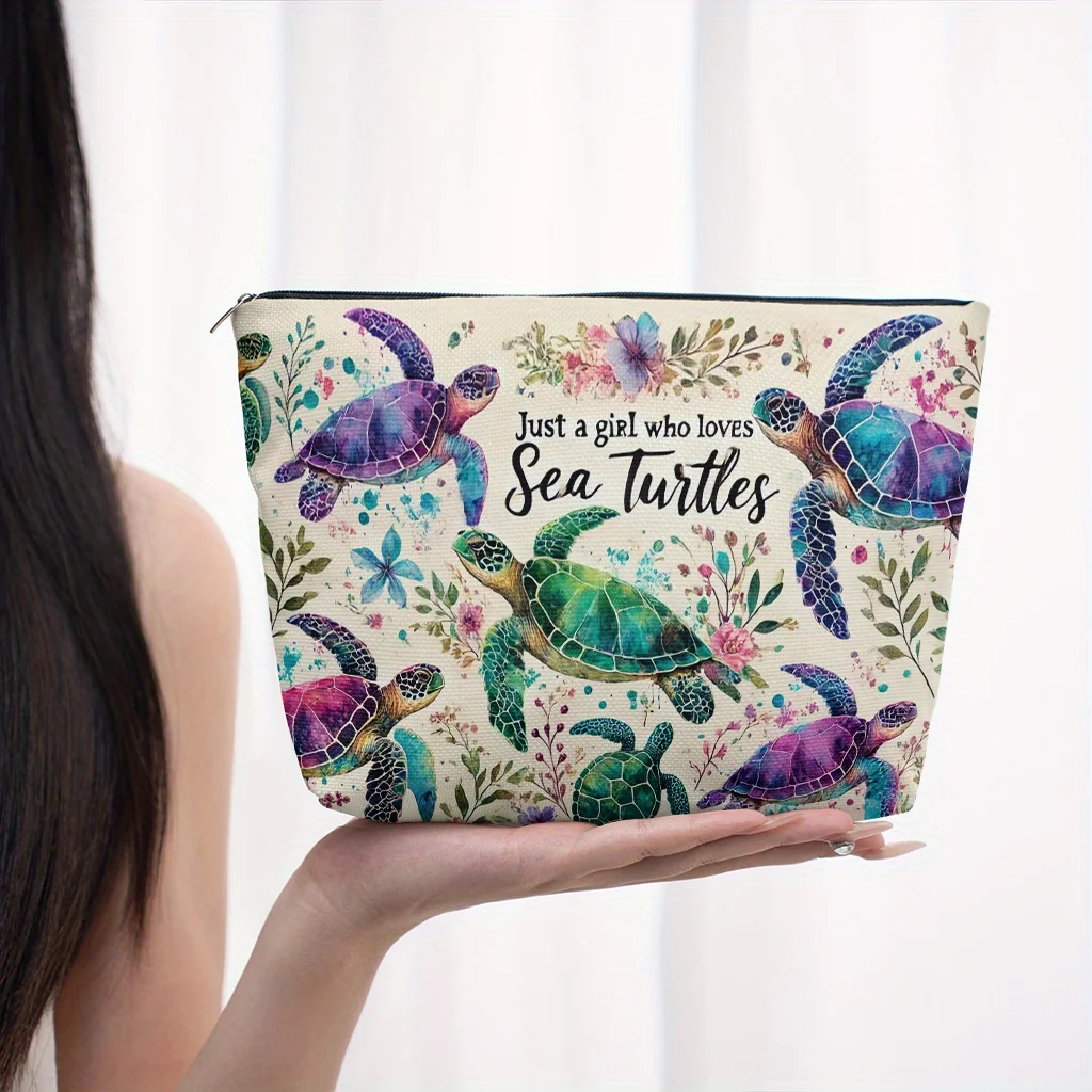 A Makeup Bag Featuring a Colorful Design of Sea Turtles and Flowers Lightweight and Foldable Perfect for Travel Toiletries