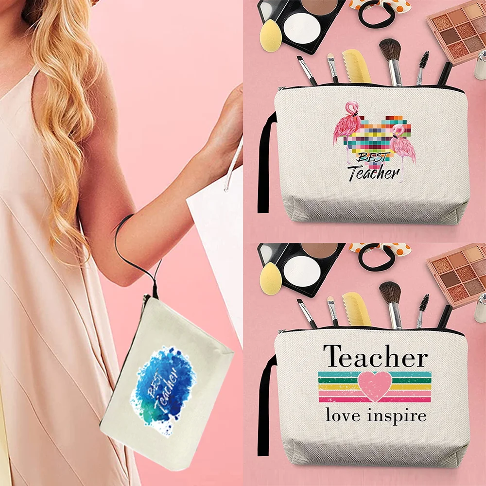 Portable Cosmetic Bag Teacher Series Travel Makeup Pencil Cases Mobile Phone Wallet Zipper Pouch Sundries Storage Purse