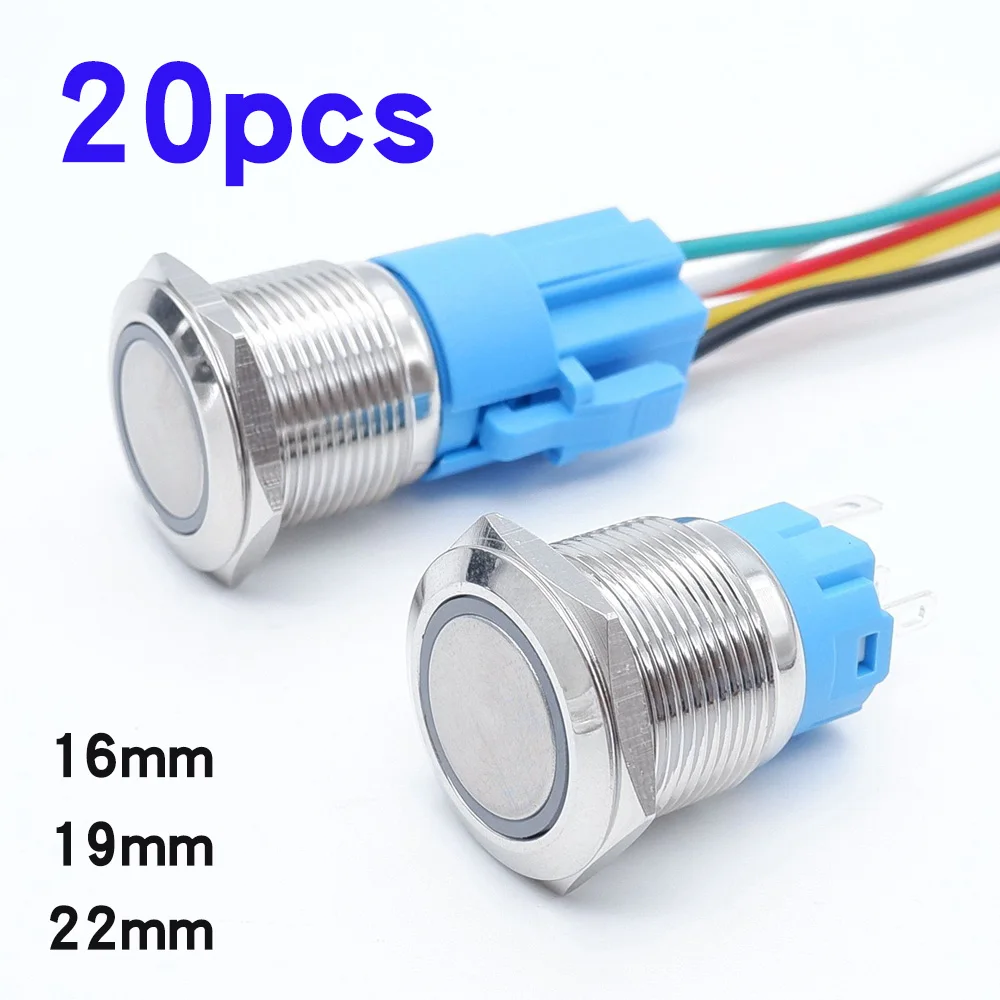 20pcs 16mm 19mm 22mm Metal Button Switch PC Power Control On Off Car Start And Stop Waterproof LED Lights 5V 12V 220V  Red Green