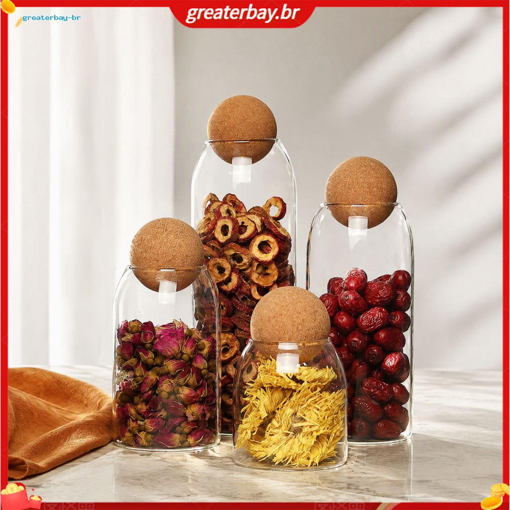 Glass Storage Jar with Wooden Ball Cork Lid – Airtight Moisture-proof Transparent Canister for Spices Coffee Beans Dry