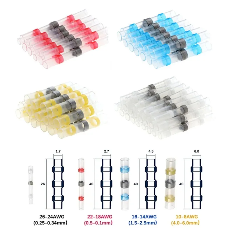 50/100/200Pcs Solder Wire Connectors Waterproof Heat Shrink Butt Terminals Insulating Soldering Rings Electrical Butt Splice