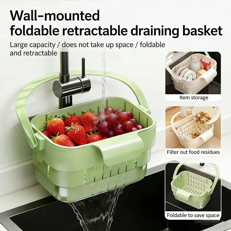 Hanging Sink Colander - Foldable & Expandable Kitchen Strainer Basket Sink Tool Accessory for Food & Fruit Residue Filtering