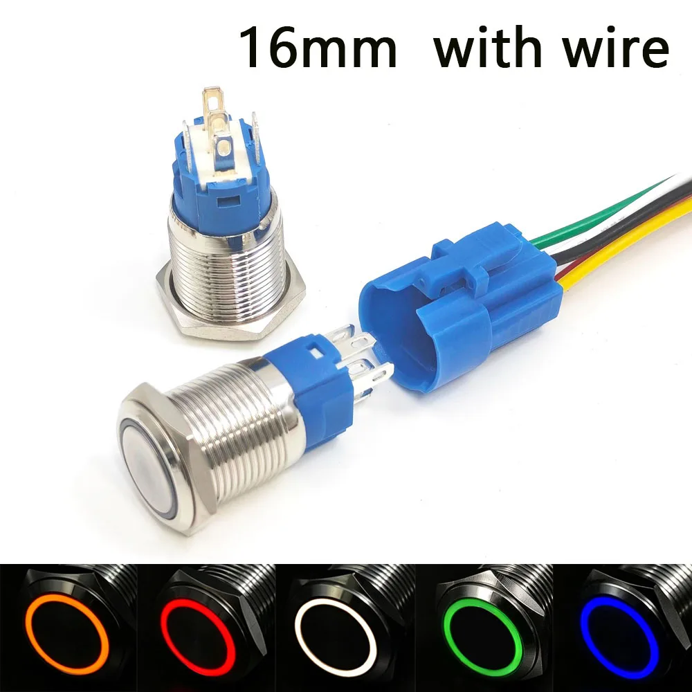 16mm On Off 12v Red Switch Push Button Waterproof Momentary Latching LED Light Blue for Car Ignition 3v 5v 6v 24v 220v PC Power