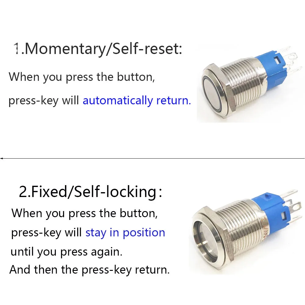 16mm On Off 12v Red Switch Push Button Waterproof Momentary Latching LED Light Blue for Car Ignition 3v 5v 6v 24v 220v PC Power
