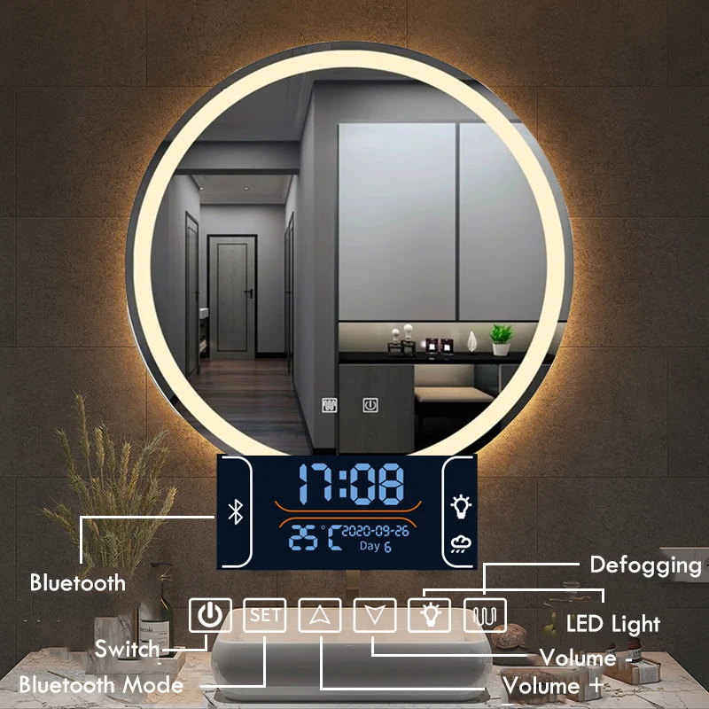 60CM Round Smart Makeup LED Bathroom Mirror 3 Color Adjustable BackLight With Bluetooth Speaker Decorative Mirrorg For Make-Up