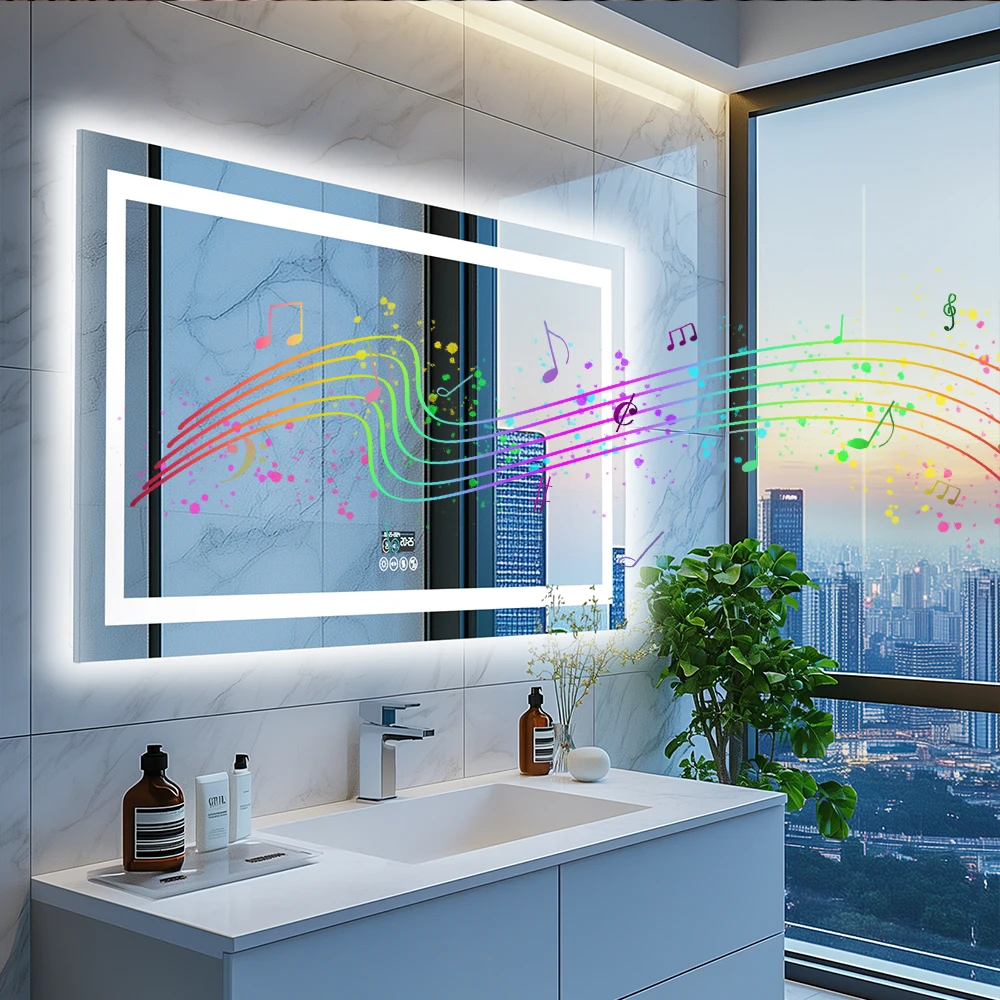 3 Lights Setting Anti-Fog LED Lighted Bathroom Mirror with Bluetooth Speaker Smart LED Vanity Makeup Wall Mounted Mirrors