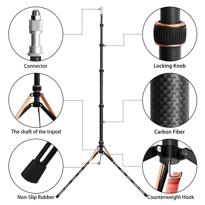 Fosoto FT-220 Professional Carbon Fiber Camera Tripod With 1/4 Screw Led Ring Light Stand for Photo Studio Lighting Fill Light