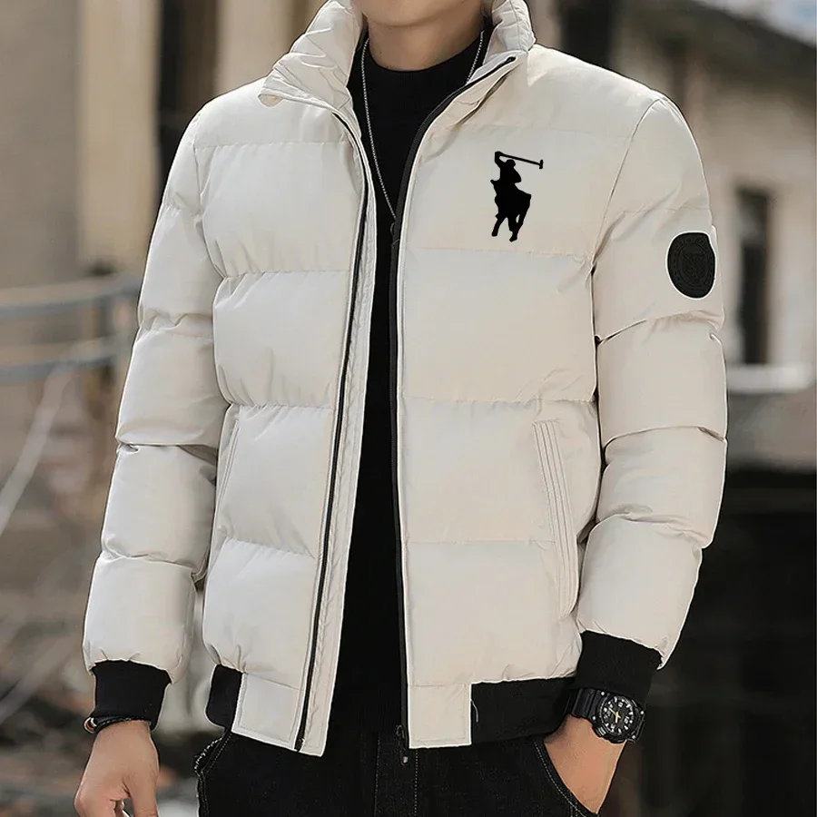 2025 Autumn/Winter new casual zipper men's down jacket, outdoor fashionable stand-up collar short warm printed men's coat