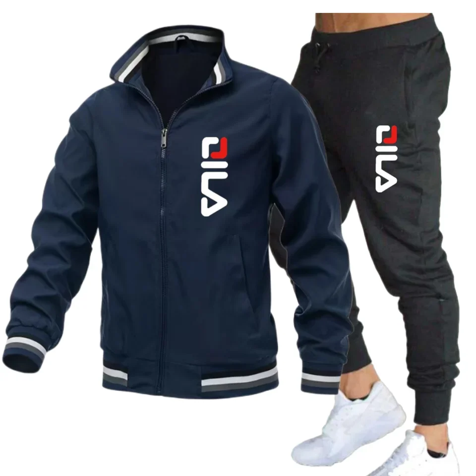 New autumn and winter men's casual set, outdoor windproof zipper men's stand-up collar jacket + sport pants 2-piece set
