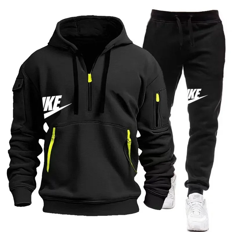 A stylish, casual and warm sportswear set for men's autumn and winter 2025, featuring a pullover hoodie and long pants