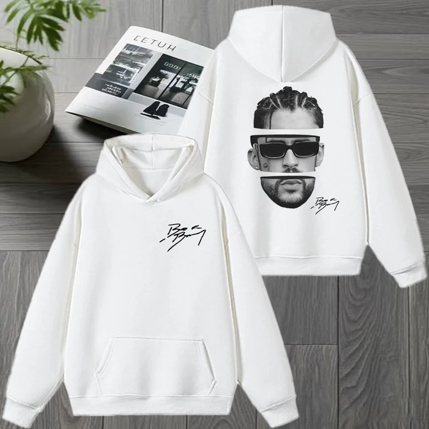 Bad Bunny Retro 90's hip hop Double Sided Graphics streetwear New Men women vintage Hoodie Unisex Fleece Casual Winter pullovers