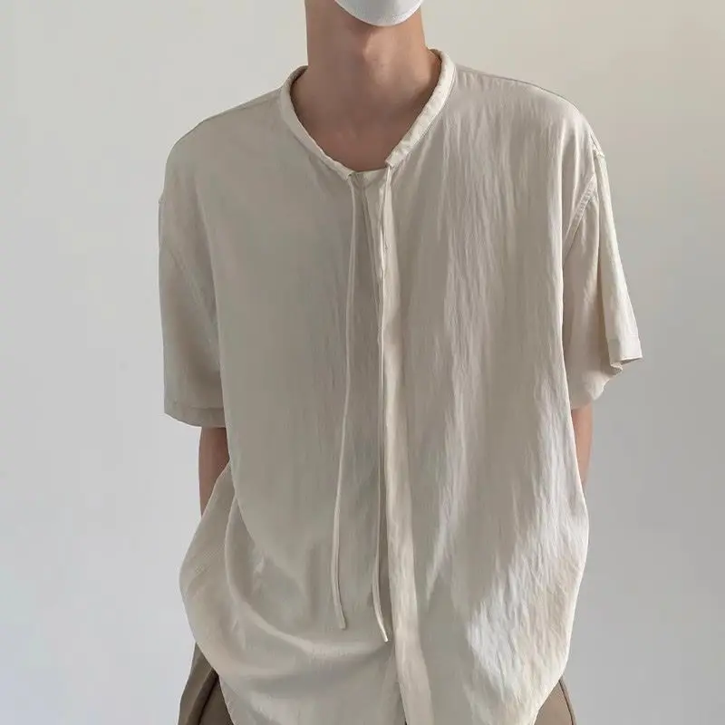 Spring Summer New Fashion Men's Clothing Vintage Loose Solid Ropa Hombre All Matc Drawstring Pullovers National Style T-Shirts